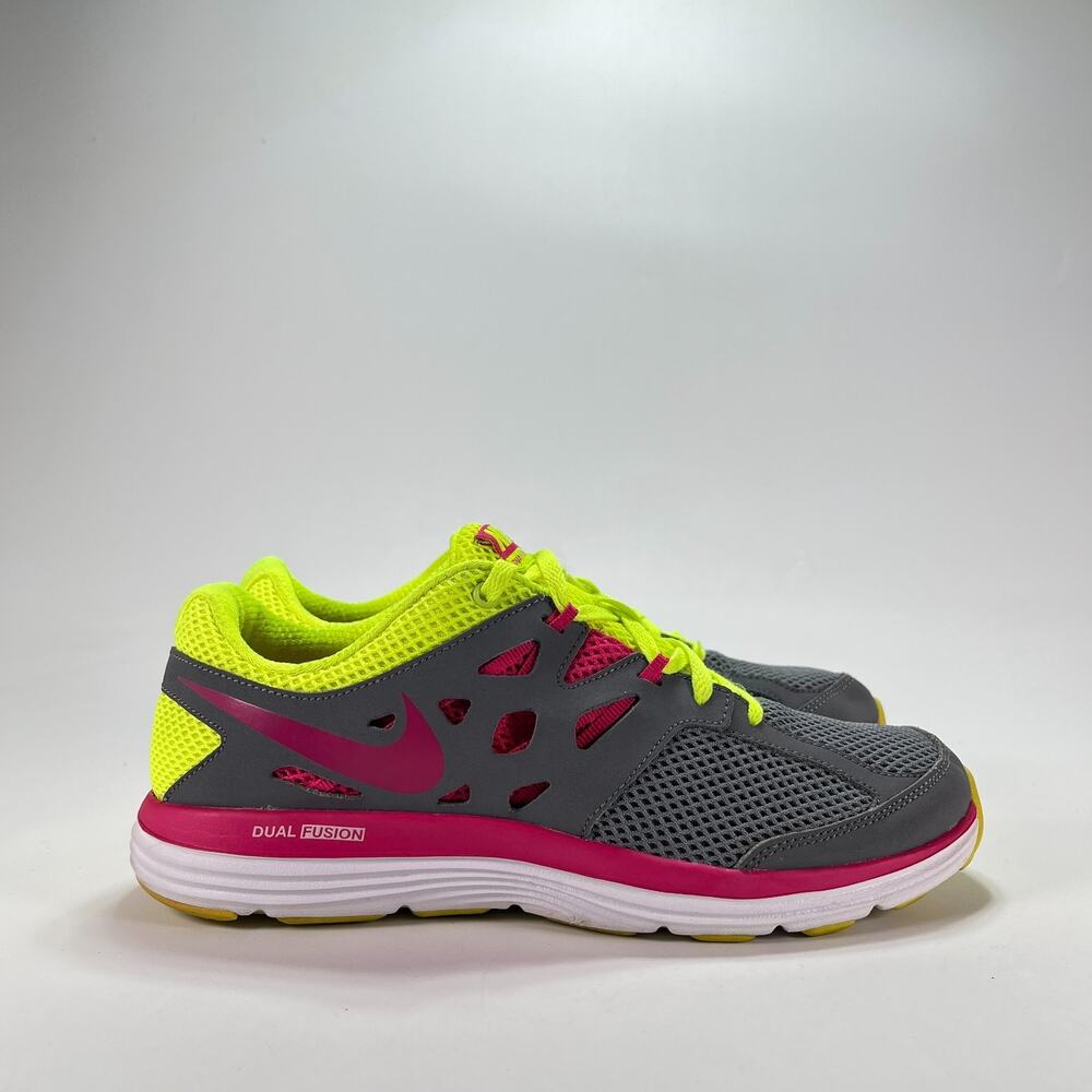 Nike Dual Fusion Lite Gray Volt Pink Lace Running Shoes 599295-005 Youth Size 7Y